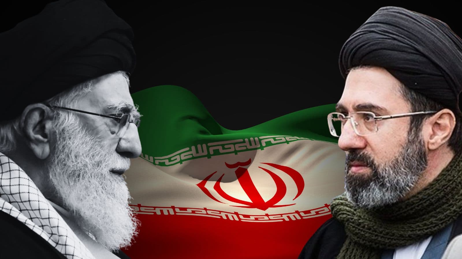Two Iranian men, one older with a white beard and the other younger, face each other with Iran's flag in.