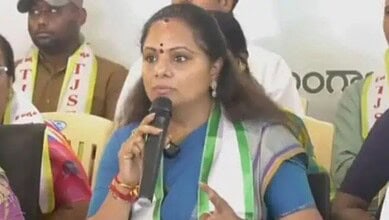 Kavitha speaking at a press conference about launching a new political party in Telangana within two mont.
