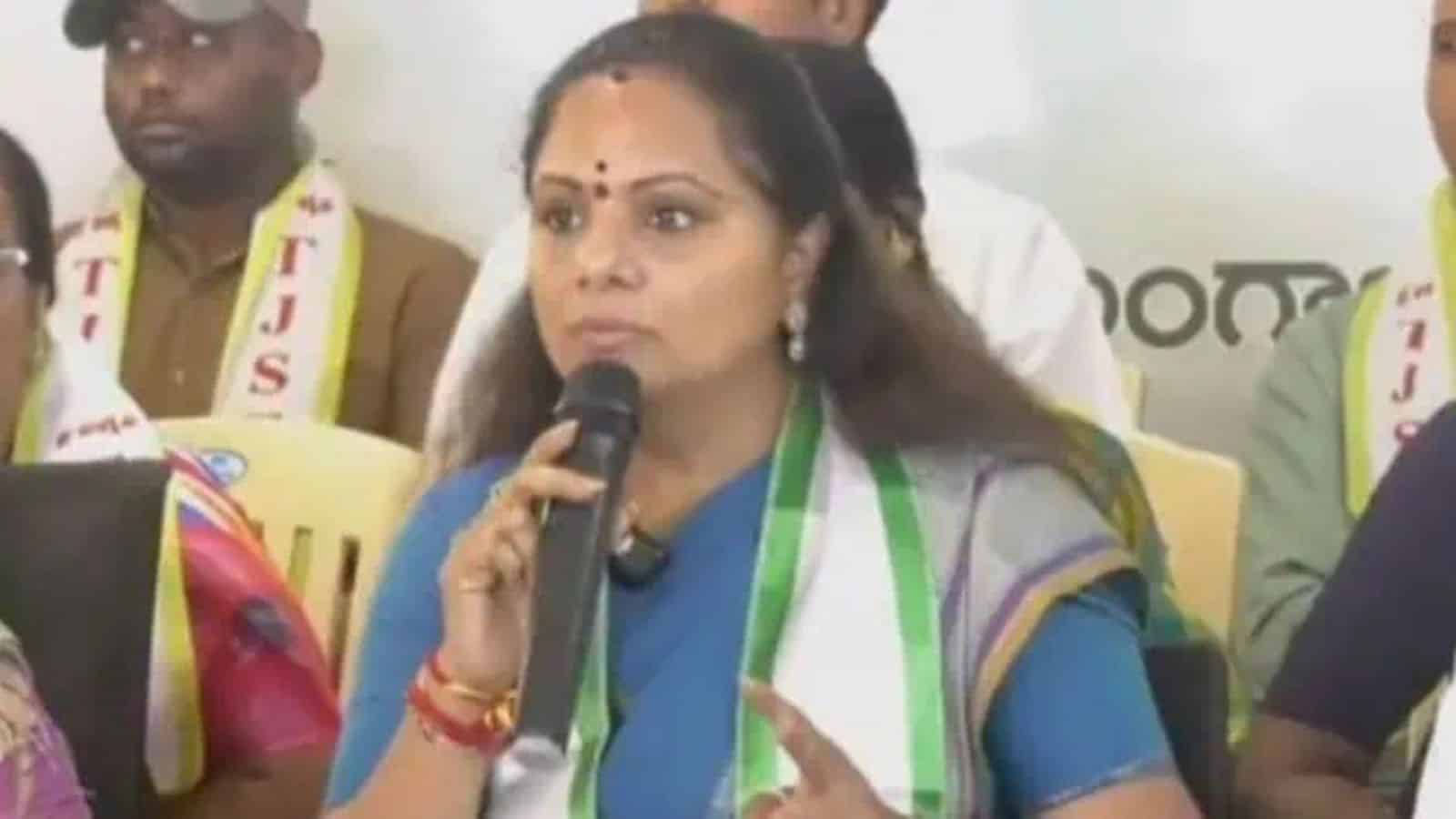 Kavitha speaking at a press conference about launching a new political party in Telangana within two mont.