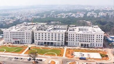 Hospital building at TIMS Sanathnagar preparing for pending surgeries, offering relief to patients in nee.