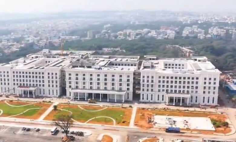 Hospital building at TIMS Sanathnagar preparing for pending surgeries, offering relief to patients in nee.