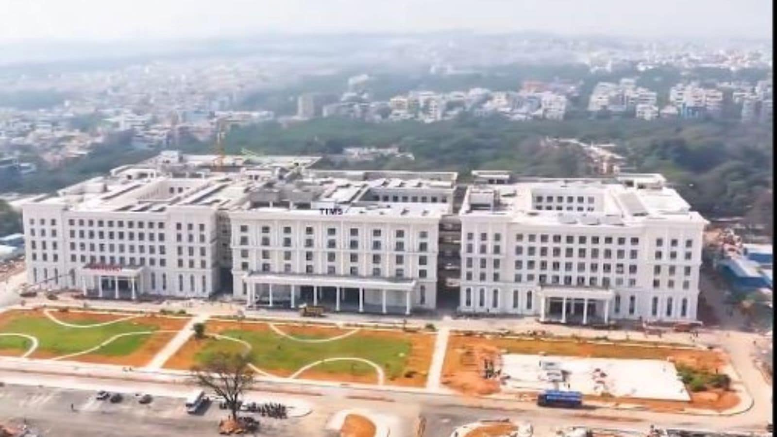 Hospital building at TIMS Sanathnagar preparing for pending surgeries, offering relief to patients in nee.