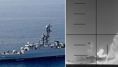 Indian Navy vessel conducting search operation at sea for survivors of Iranian warship sinking.