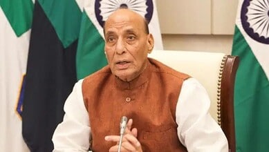 Indian Defence Minister Rajnath Singh speaking at a meeting on maritime security.