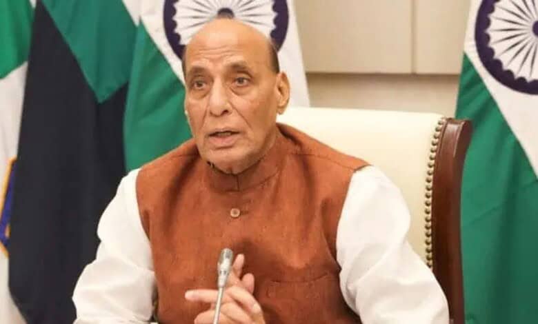 Indian Defence Minister Rajnath Singh speaking at a meeting on maritime security.
