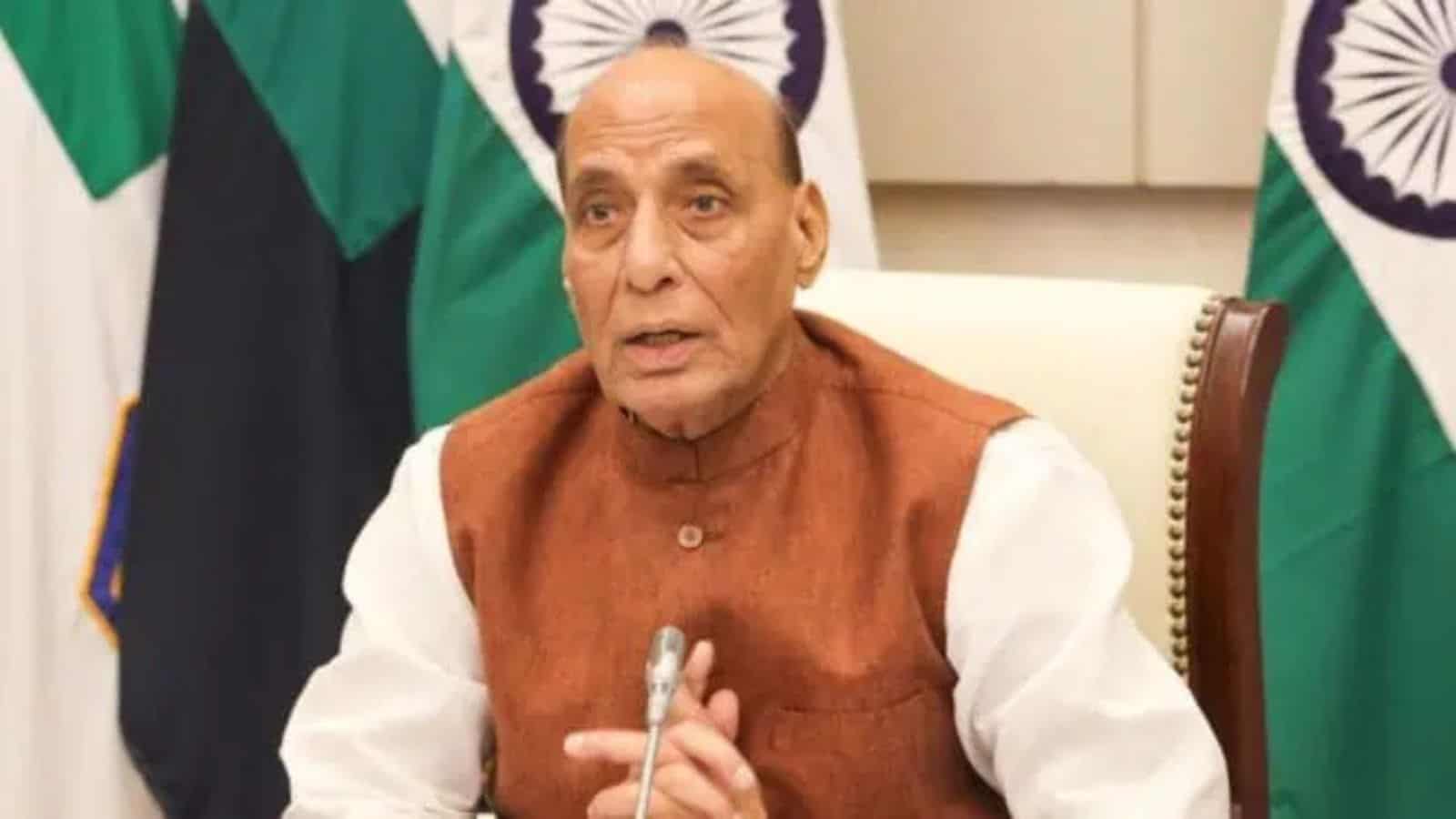 Indian Defence Minister Rajnath Singh speaking at a meeting on maritime security.