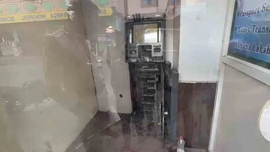 Damaged ATM machine after theft in Sangareddy, Telangana, with cash missing.