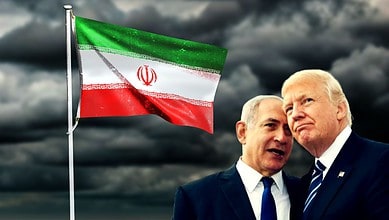 US and Iranian leaders with Iran flag under stormy sky, geopolitical tension.