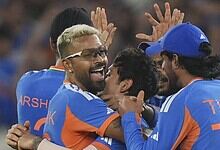 India cricket team celebrating their second consecutive T20 World Cup win.