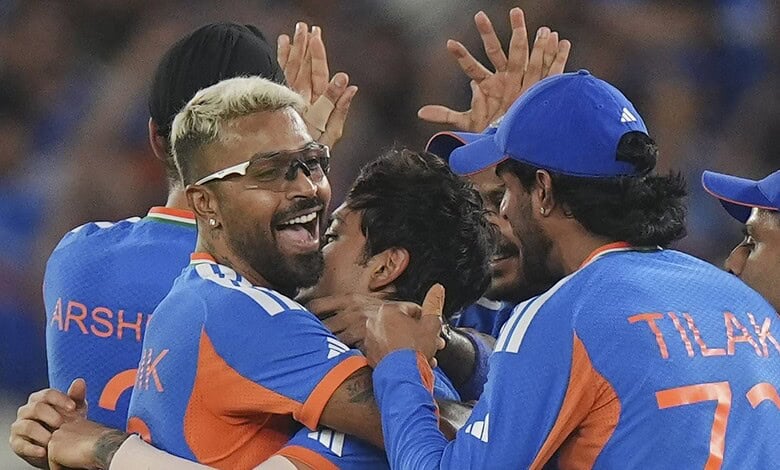 India cricket team celebrating their second consecutive T20 World Cup win.