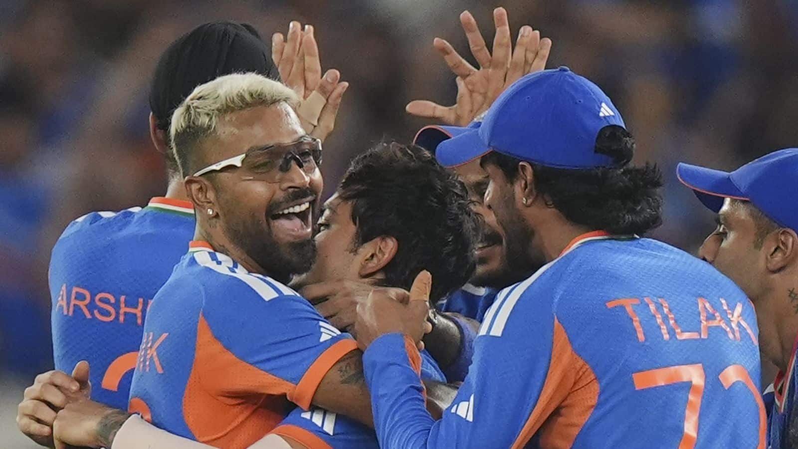 India cricket team celebrating their second consecutive T20 World Cup win.