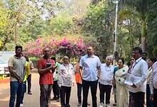 GHMC officials inspecting the play area at Indira Park in Hyderabad for cleaning and maintenance.