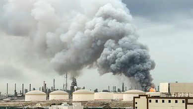 Refinery emitting thick smoke amid industrial operations.