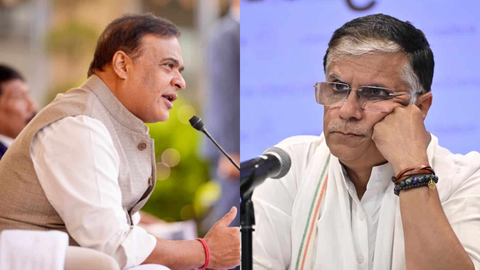 Pawan Khera and Himanta in discussion during press conference, highlighting political tensions.