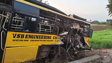 Bus wreckage after collision with goods train near Karur, Tamil Nadu.