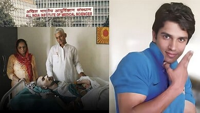 An elderly man and woman with a patient in a hospital bed, symbolising farewell and compassion.