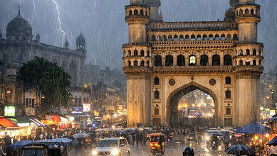 Stormy weather at Charminar in Hyderabad during heavy rainfall, with lightning illuminating the sky and p.