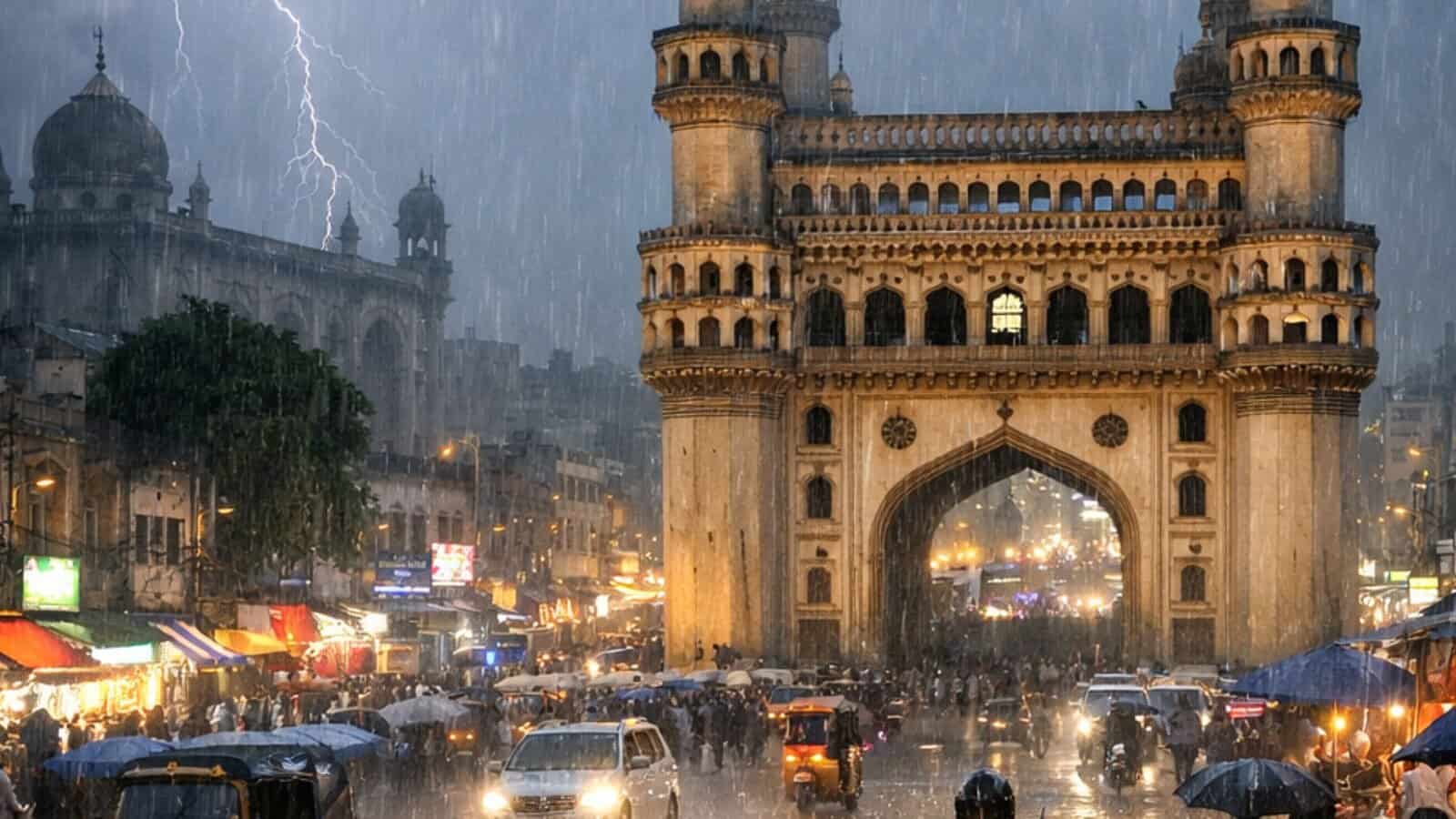 Stormy weather at Charminar in Hyderabad during heavy rainfall, with lightning illuminating the sky and p.
