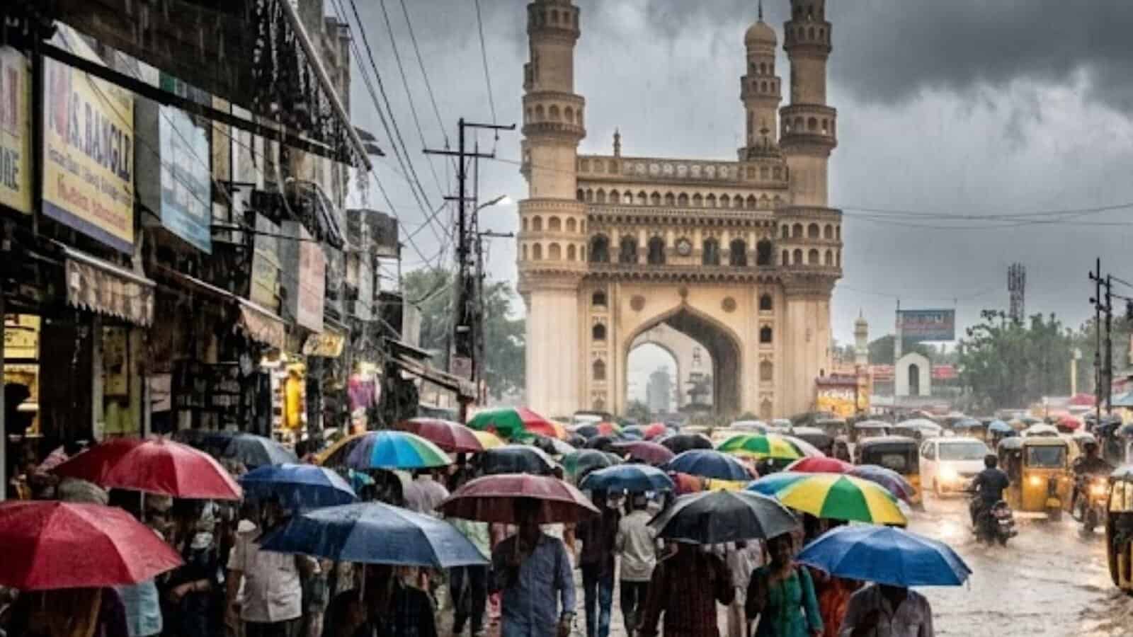 People with colourful umbrellas walking in Hyderabad during scattered rains near Charminar.