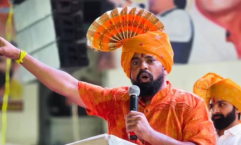 Raja Singh speaking passionately at a protest, refusing protection and criticizing officers who do not ap.