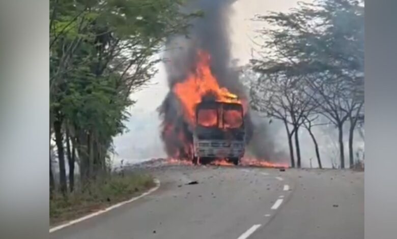 Firecrackers-loaded lorry touches high-tension wire, bursts into flames