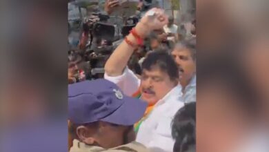 The image shows BJP State President N Ramchander Rao being arrested by the police at Telangana Assembly on Monday, March 23.