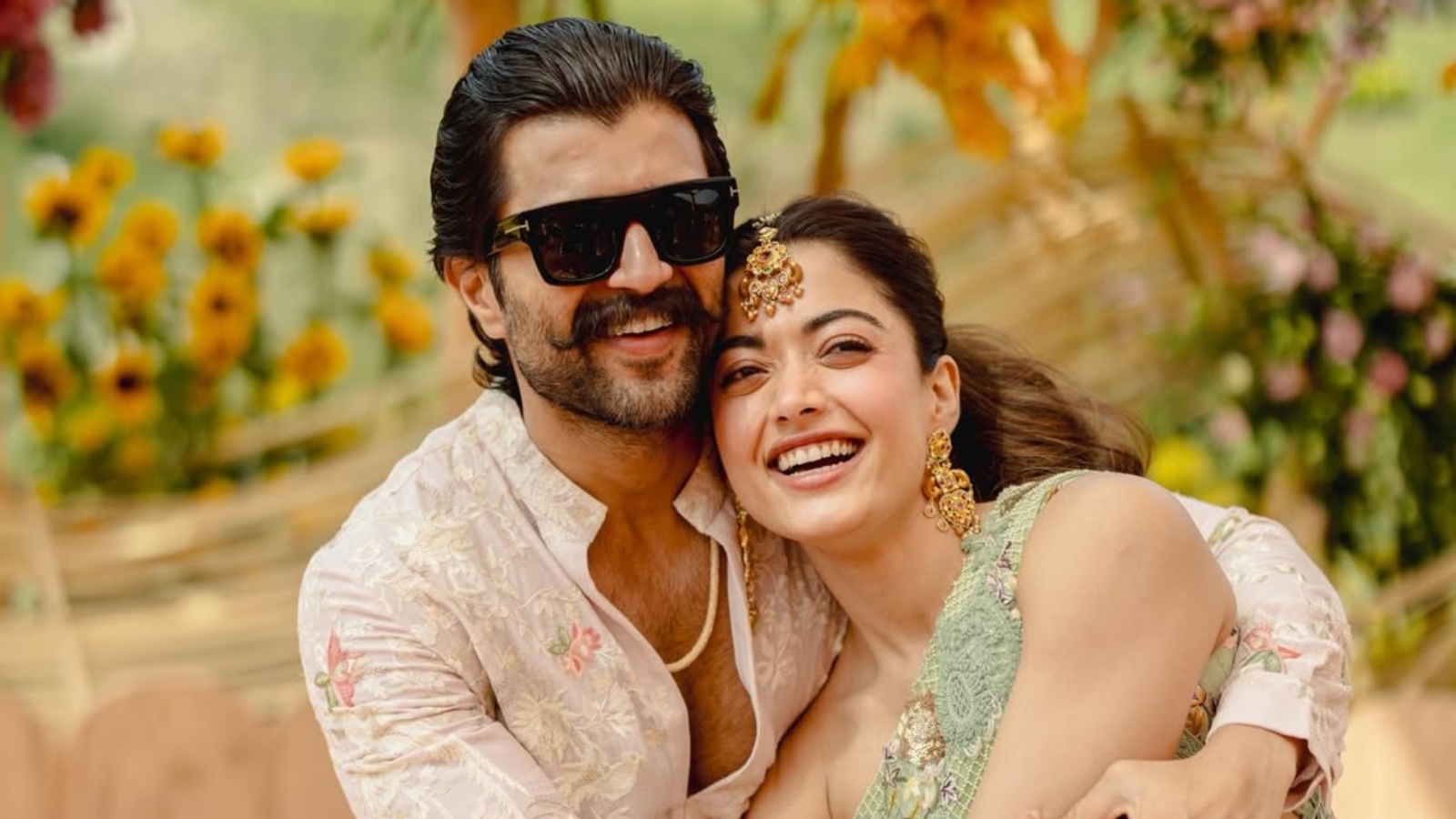 Vijay Deverakonda and Rashmika Mandanna playing Holi during their Haldi ceremony.