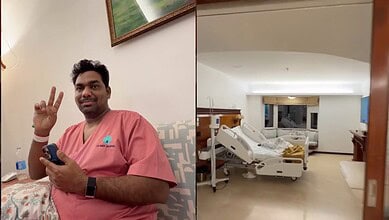 Zakir Khan in hospital room making peace sign, hospital bed and medical equipment visible.