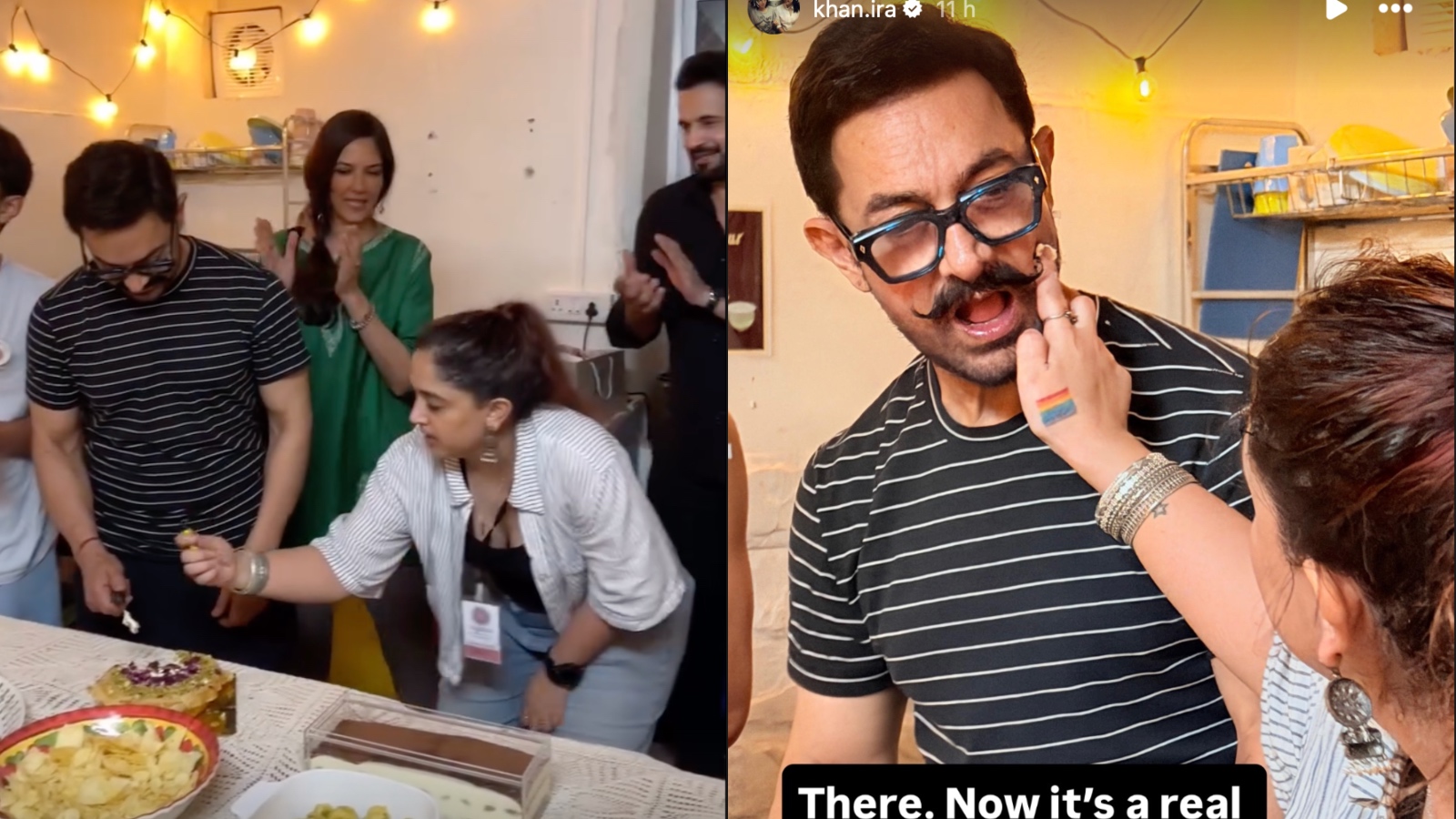 Ira Khan playfully puts cake on Aamir Khan's face during birthday celebration.
