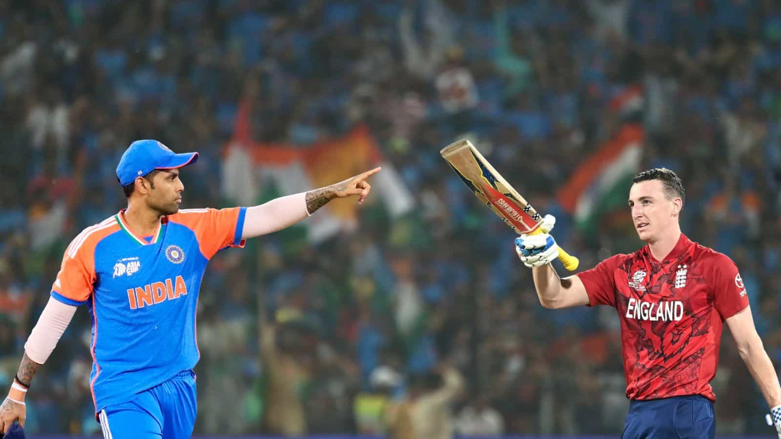 Umpires Gaffaney and Palekar officiate during the India vs England T20 World Cup semifinal match.