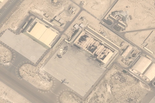 Satellite image showing damaged hangars at Al Dhafra Air Base in Abu Dhabi.