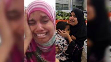 Split image showing Ameena Begum crying during a video call and later embracing her son at Hyderabad airport after returning from the UAE.