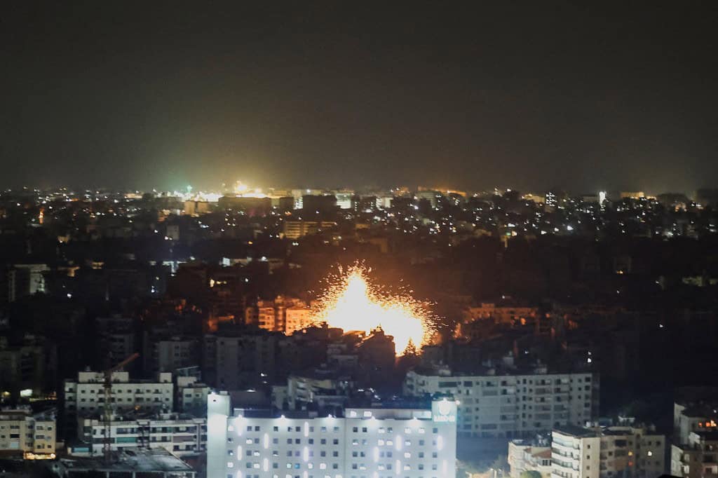 Explosion and fire seen in the southern suburbs of Beirut following overnight strikes.
