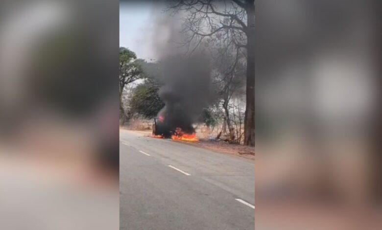 Moving car cauthes fire near the outskirts of Ghanpur village located in Machareddy mandal, Kamareddy district.
