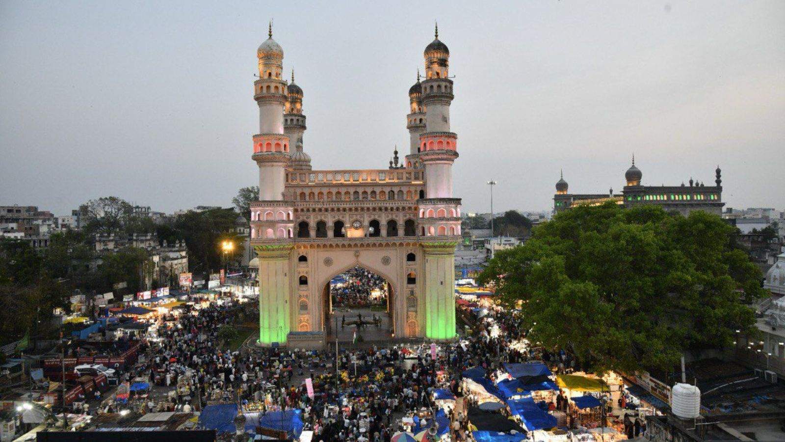 Hyderabad, March 18, 2026: An aerial view of the bustling Ramzan Night Bazaar in the Old City of Hyderabad on Wednesday, as preparations intensify and come alive ahead of Eid al-Fitr
