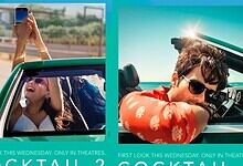 Shahid, Kriti, and Rashmika in a convertible car during a photoshoot for Cocktail 2.