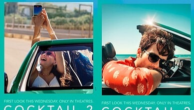 Shahid, Kriti, and Rashmika in a convertible car during a photoshoot for Cocktail 2.