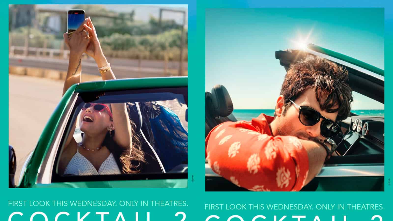 Shahid, Kriti, and Rashmika in a convertible car during a photoshoot for Cocktail 2.