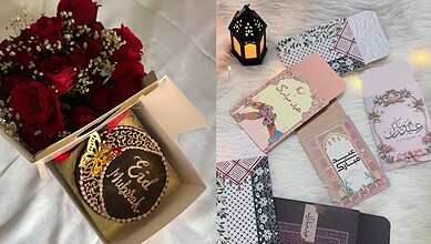 Eid gift box with chocolates, flowers, and greeting cards for Eid celebrations in Hyderabad.