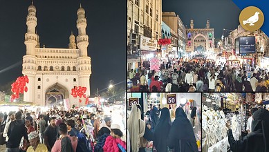 Crowd of shoppers at Hyderabad's Charminar market during Eid celebrations, bustling with vendors and fest.