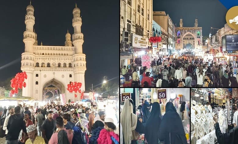 Crowd of shoppers at Hyderabad's Charminar market during Eid celebrations, bustling with vendors and fest.