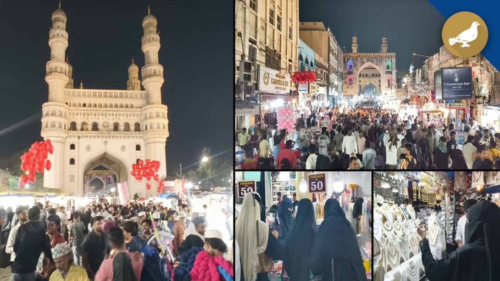 Crowd of shoppers at Hyderabad's Charminar market during Eid celebrations, bustling with vendors and fest.