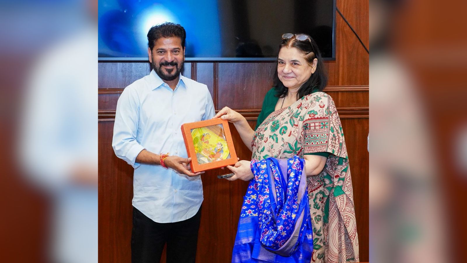 Telangana Chief Minister Revanth Reddy with animal rights activist Maneka Gandhi