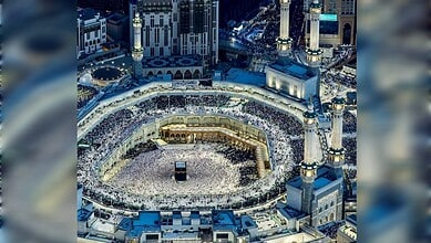 Aerial view of thousands of worshippers performing tawaf around the Kaaba at the Grand Mosque in Makkah during Ramzan.