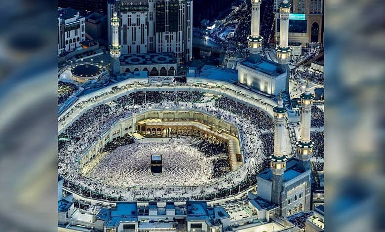 Aerial view of thousands of worshippers performing tawaf around the Kaaba at the Grand Mosque in Makkah during Ramzan.