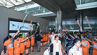 Women’s hockey players and officials at Hyderabad airport for the Women’s Hockey World Cup Qualifiers.
