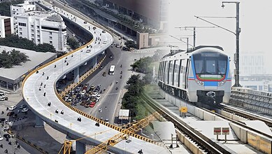 Urban train and elevated highway in a modern cityscape.