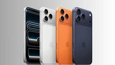Four iPhone 17 Pro Max models in different colours showcasing their design and camera features.
