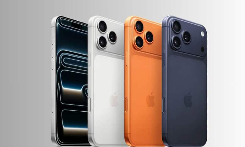Four iPhone 17 Pro Max models in different colours showcasing their design and camera features.