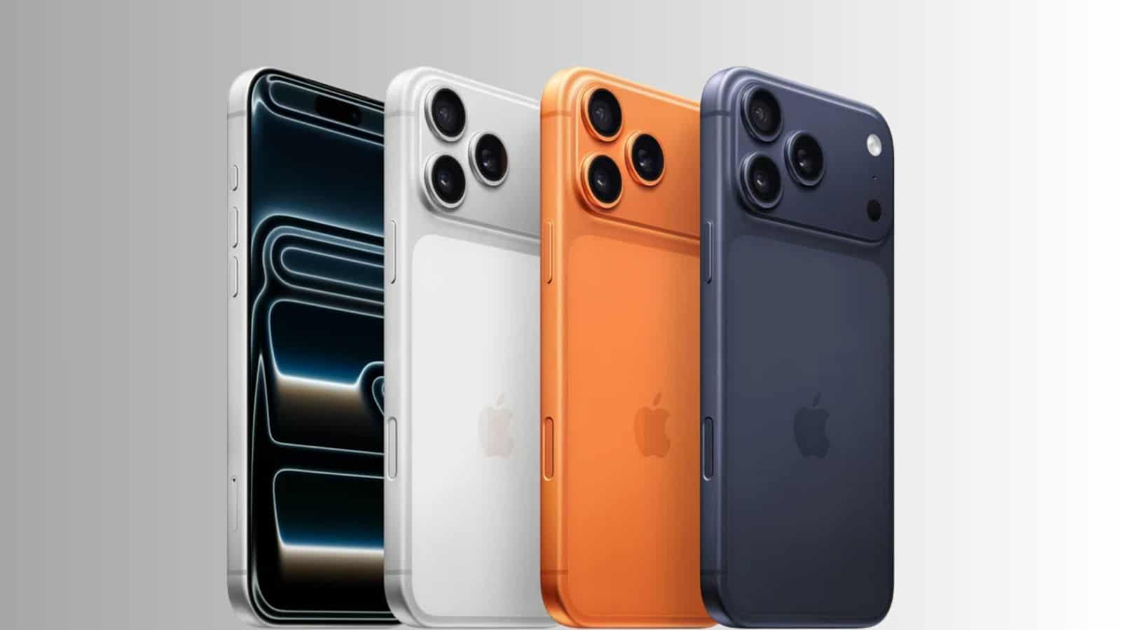 Four iPhone 17 Pro Max models in different colours showcasing their design and camera features.